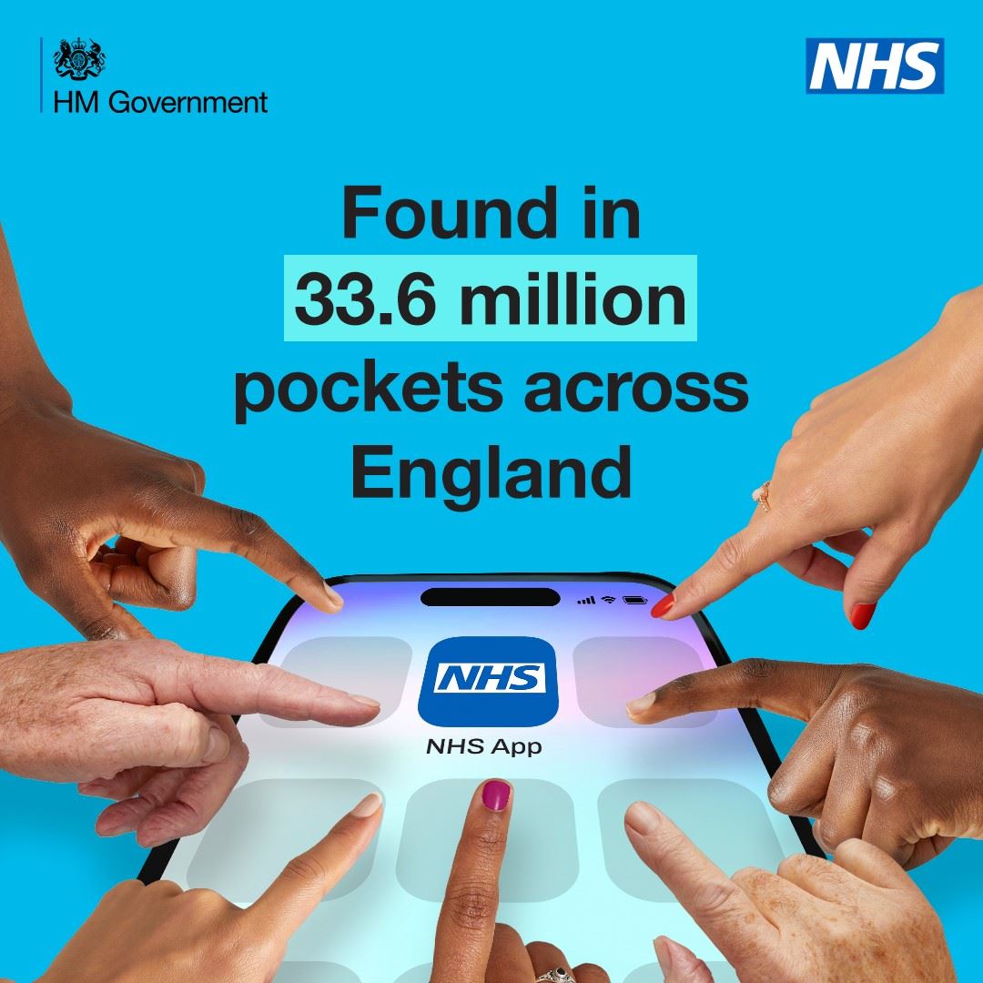A mobile phone featuring the NHS App logo in the centre of the screen, with seven hands pointing to it. Text reads; Found in 33.6 million pockets across England. 
