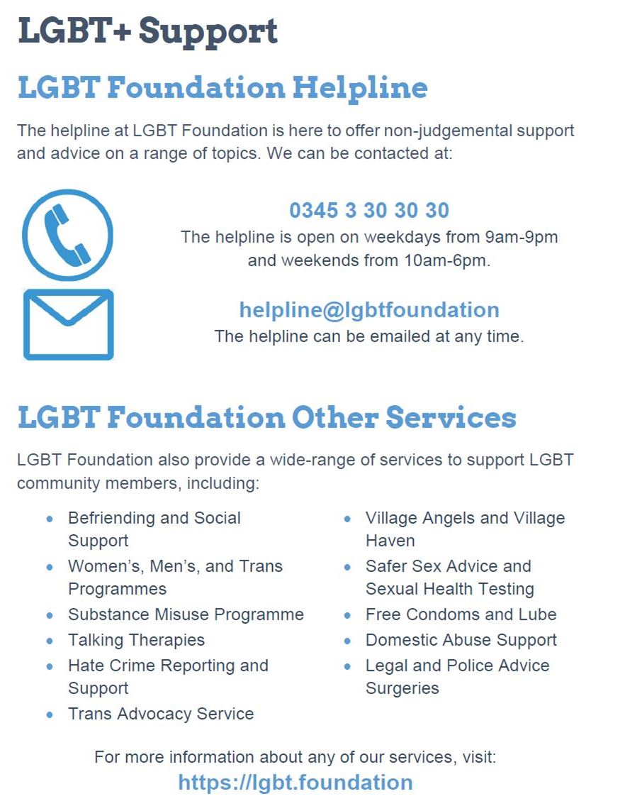 lgbt support telephone and email