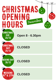 christmas opening hours in red with red and green baubles