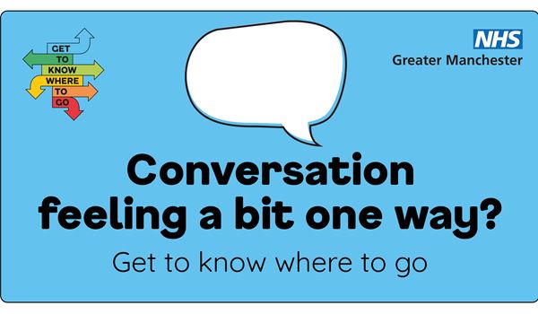 Graphic contains  image of a speech  bubble, text reads  conversation  feeling a bit one  way? Get to know  where to go.