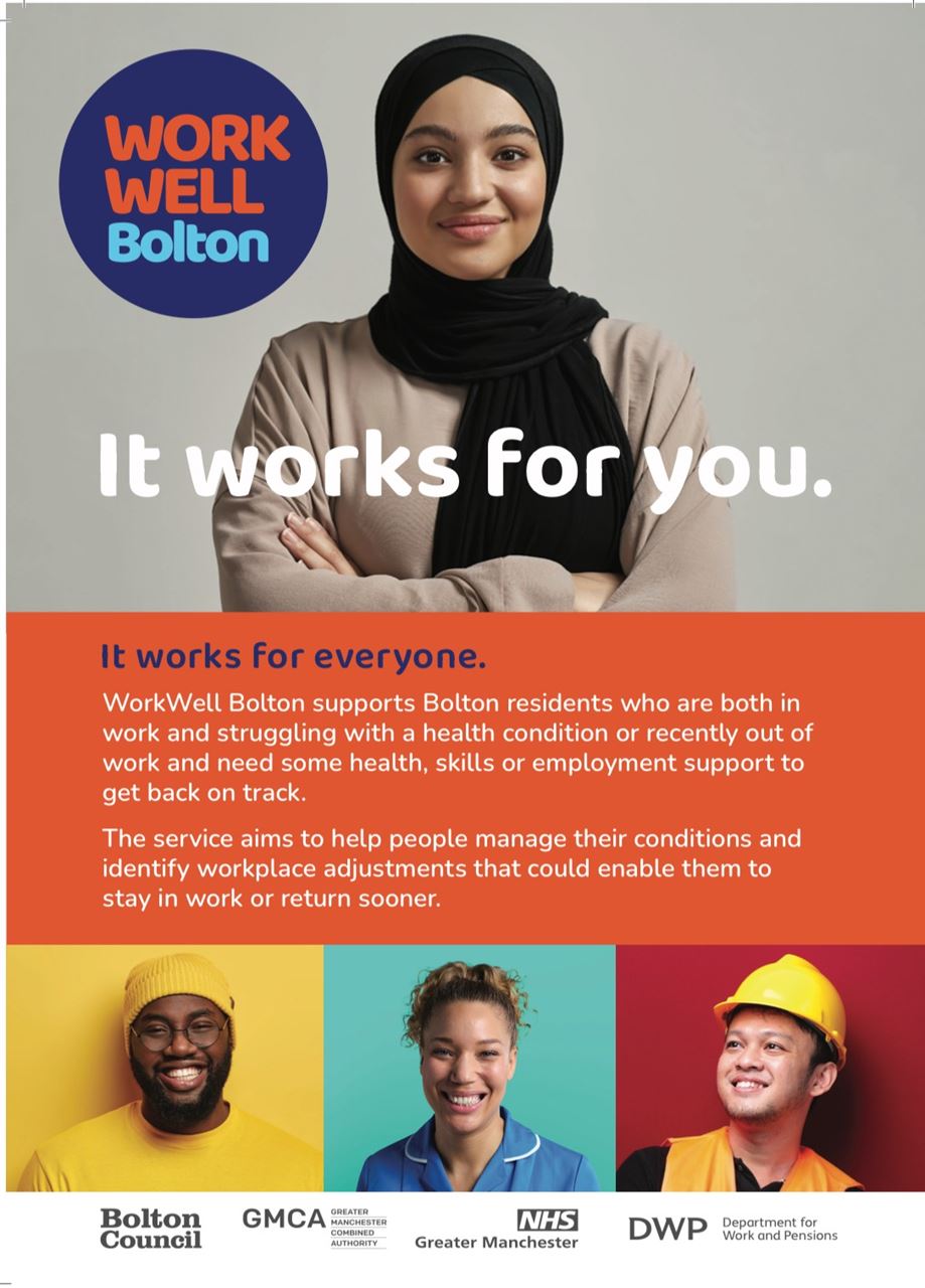 lady in a head scarf arms folded and picture of black male in yellow hat, a female nurse, a male in a builders hat, contact details of the company