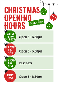 christmas opening hours in red and green with baubles and the days of christmas week